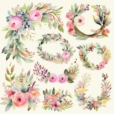 Design a set of watercolor-style digital cliparts specifically for wedding and event decorations. The cliparts should include elements such as flowers, garlands, wreaths, ribbons, and romantic symbols like hearts and doves. Consider various color palettes and styles to cater to both traditional and modern weddings and events. The cliparts should be versatile and suitable for use in invitations, save-the-date cards, menu cards, table cards, seating charts, and other decorative elements