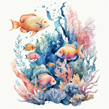 watercolor ocean coral reef with sea life and tropical fish clipart white backround