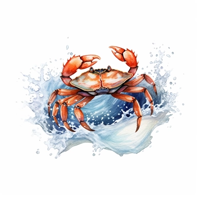 Watercolor hand-drawn crab illustration - jumping up from the foamy ocean wave, playful, happy mammal. Character, logo, children wallpaper, doodle, cartoon. Marine clip art. Ocean, sea inhabitant. White Background