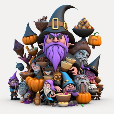3D Cartoon in the form of magic wizard food family with many members clipart mascot , with a transparent background, 128K super mega pixel, insane detail, hyper-detailed, with huge details, UHD, 8K