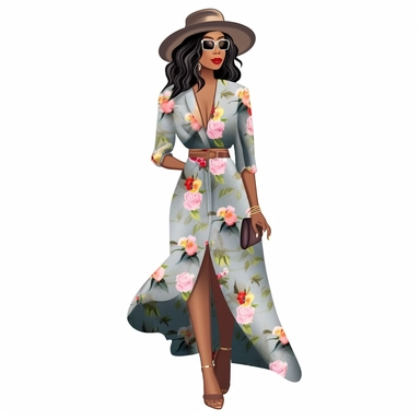 African american woman wearing floral dress and fedora hat Boss lady clipart modern fashion style anatomically correct realistic isolated white background