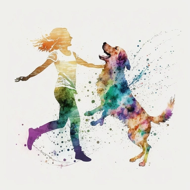 girl with dog dancing Watercolor Clipart, drip effect, clean white background, 16K Colors, clean white background