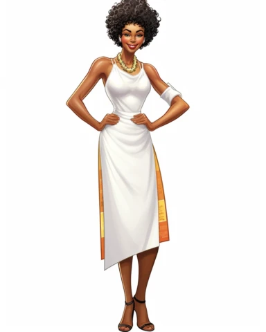 Cartoon Clipart Norman Rockwell Full body shot, advertising, Clipart beautiful Afro Cuban American woman wearing SHEIN VCAY All Over Print Wrap Neck Tie Back Dress holding her a blank sign for free, in the style of realistic hyper-detailed portraits, romantic illustration, close-up, cardboard, porcelain, clamp, high detailed