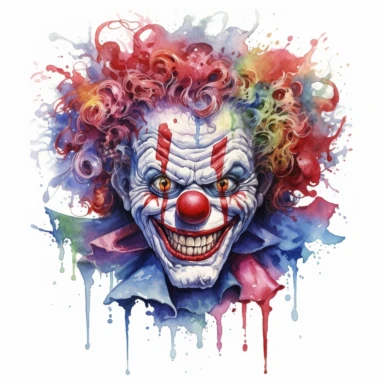 A sinister portrait of a deranged clown, its face painted with a twisted smile, its eyes filled with madness and malice, capturing the essence of a true nightmare. Clipart, watercolor, white background, intricate detail.