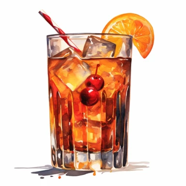 a Manhattan cocktail, strong colors, border, 8K, dark watercolor, ultra details, isolated white background, clipart, hand drawn, hand drawn art, in the style of ultra-detailed oil painting pontilism hand drawn collections, pontillism brush, scumbling, HD oil painting collections,