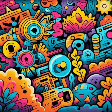 90s clipart design, doodle, Comic Sans, floral patterns, geometric shapes, lively colors, and even Nickelodeon-inspired illustrations