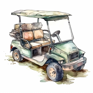 Idyllic watercolor clipart of a luxury high end golf cart on isolated on a pure white background, insane detail,