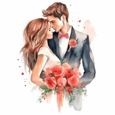 Very cute wedding illustrations clipart , newlyweds, on a white background , watercolors, husband and wife on their wedding day , love