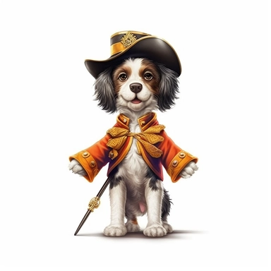 Adorable cute fantasy baby dog dressed like musketeer standing in dynamic pose,front view,fullbody,sharp through out,happy expression, nursery art, clipart image, lineart image, white background, very detailed, 8k, composition wide shot
