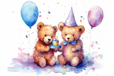beautiful watercolor pastel 2 birthday baby bears eating birthday cake with balloons clipart, hd, pixar style, isolated on white background, spaced out