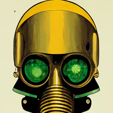 evil science robot in a gas mask, gold and green, clipart