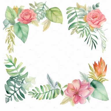 watercolor floral frame border roses. Summer clipart illustration, nothing in the middle, free space in the center, only top and bottom