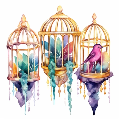 fairy mystical crystal watercolor with gold cage around them clipart, white background