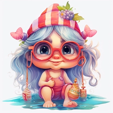 gnome girl summer smile and cute big eyes wear big glasses fat full body , sea trip summer , cute funny laugh detailed digital art, whimsical and cute, cute detailed artwork, glimmering, adorable and whimsical, whimsical art, watercolor Clipart style