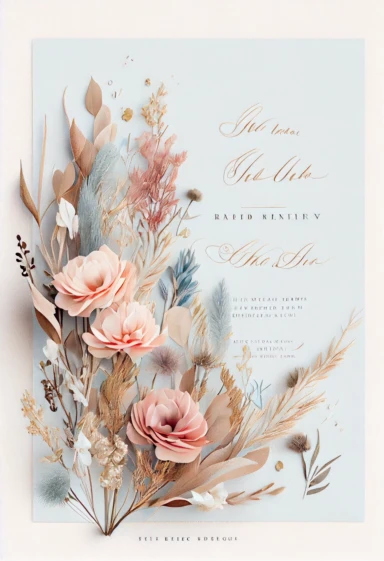 beautiful, intricate, sharp focus, light blue, tan, and pink flowers, boho wedding invitation with white fluffy tail flowers, dried grasses, show entire invitation, no border, clipart, on white background, flat lay, extreme detail, wedding invitation,