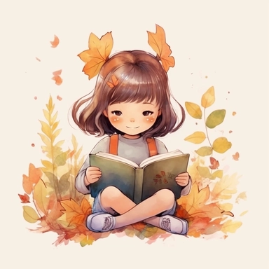 cute little girl reading a book, folk art, watercolor, clipart elements, kawaii, fall and autumn time, white background