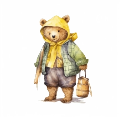 a Cute Happy Bear in clothing in the style of Watercolor Kate Greenaway Clipart, White Background