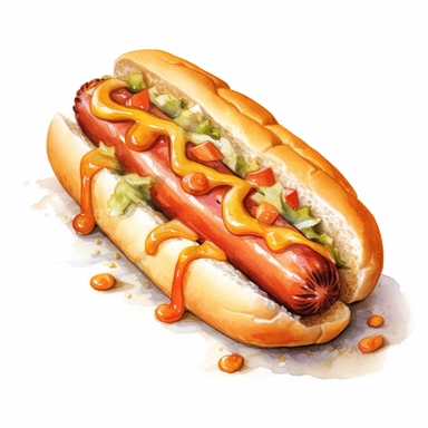 watercolour hot dog, clipart on white background, no watermark, highly detailed, professional color gradation, clean sharpness