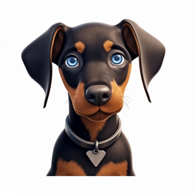 Doberman Pinscher puppy, Closeup Portrait, Clipart, Digital art, kawaii, disney style, Pixar, hyperdetailed, 1080p, Ultra-HD, white background