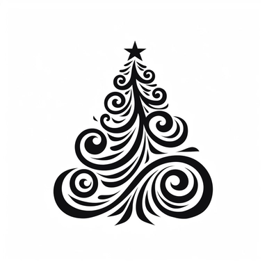 black and white silhouette of a christmas tree, clipart style, white background, thick lines, vector, simple design, flat colour, solid colour, christmascore