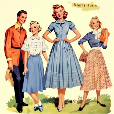 Vintage Illustration, A family of four, one man, one woman, and two children about 15 years old, cheesy 50s vintage clipart image by cynthia flanders, in the style of traditional costumes, photomontage, Full body view, whitcomb-girls, light indigo, gigantic scale, romanticized femininity, contrasting 8k