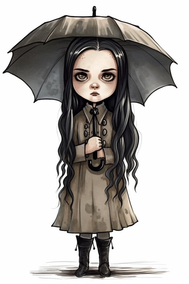 Wednesday Adams fan art, cute, logo style, clipart isolated on a white background, Digital watercolor