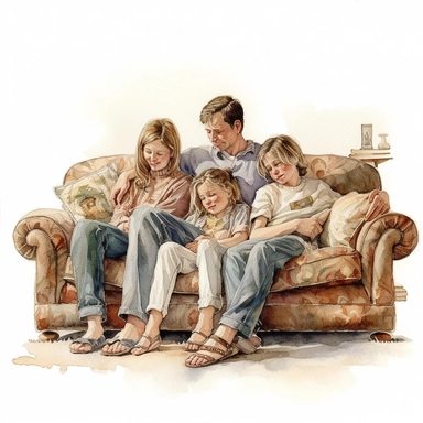 DESIGN A MAGNIFICENT AND EXQUISITE BREATHTAKING ONE-OF-A-KIND HIGH QUALITY HIGHLY DETAILED MASTERPIECE WATERCOLOR CLIPART ILLUSTRATION OF A family seated on a sofa, with a young boy and girl, in the style of serene watercolors, imax, steve hanks, don bluth, studio portraiture, microfilm, mandy disher, WHITE BACKGROUND, NO FONT, NO TEXT, NO WORDS, NO WATERMARK