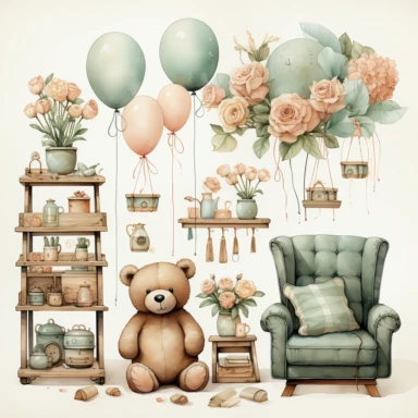 watercolour, baby theme, clipart, soft and muted pastel nuances, white background