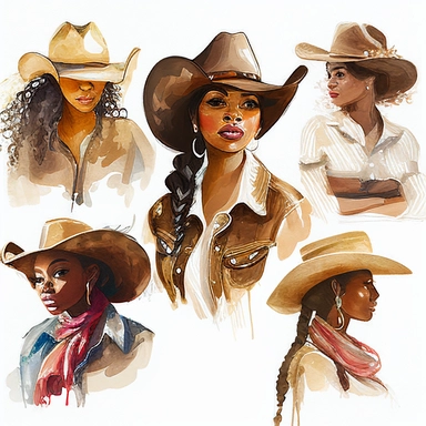 6 beautiful, black woman, cowgirl, clipart, watercolor, isolated on white background, spaced out--er--s 1000