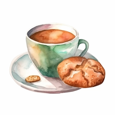 Coffee cup with a plate of freshly baked cookies next to it, watercolor pastel clipart style on a white background, 8k detailed