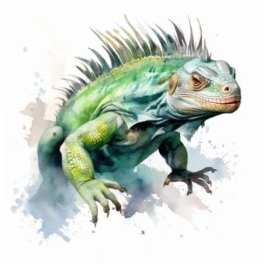 Green iguana running, watercolor, sharp illustration clipart, insane detail, white background