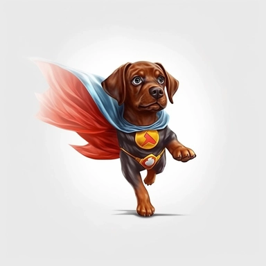 Envision a playful clipart puppy with a superhero cape, leaping through the air with a determined expression, ready to save the day with its canine powers against a white background.