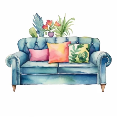 hand drawn watercolor , boho style ,living room,boho Sofa, boho style details, boho colors, clipart, single object,png, sublimation, white background for removing background - - no text shadow font watermark