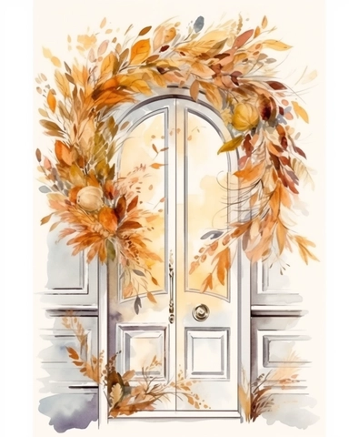 White front door, big wreath on door, autumn leaves, beige color, watercolor, clipart, white background