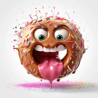 clipart of a messy donut, there is a funny face in thedonut, cartoon, for kids, funny, pixar, hole in the middle, 8k, white background, sharp focus, detailed,