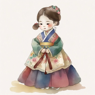 a cute little girl is wearing Korea traditional dress Hanbok. watercolor clipart, the skirt layers are designed to create a full and flowing silhouette, rainbow color jacket, The jacket worn by women in the royal family has long sleeves that are wide and
