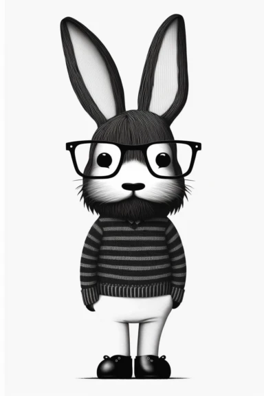 minimalistic pixar style clipart, minimalistic nordic style clipart, anthro hipster rabbit with mustache, minimalistic black and white color palette,
