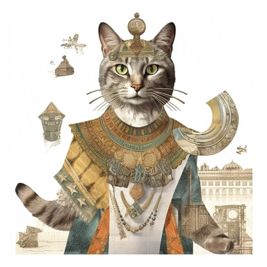 collage quirky cool collage Ancient Roman cat Felis catus clipart, Wearing a formal dress, detailed, clean line, hd, on white background, spaced out