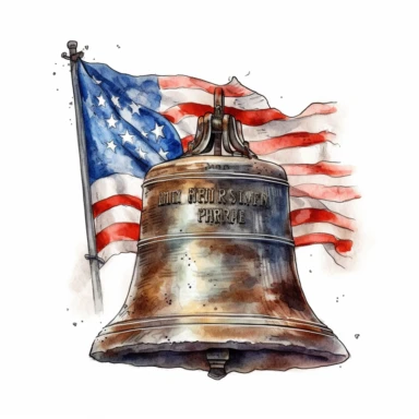 Original Liberty Bell of Philadelphia with american flag, Vectorial, highly detailed, watercolor, clipart, illustration, white background, digital painting, paper crafting, no signature, no text, very detailed , Cartoon,hyper realistic, intricate detail, illustration style,high solution,on the white background