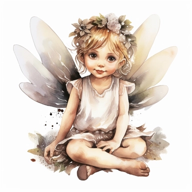 little girl, big eyes, dressed as a fairy with wings on her back, beautiful and happy, she is sitting and head is turned towards camera, very detailed and realistic, watercolor, white background with margins, clipart style
