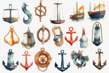 watercolor nautical elements such as anchors, ropes, sails, and rigging clipart, HD, with white background, spaced out