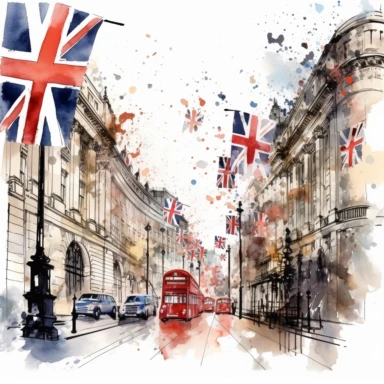 A striking picture of Regent Street, its grand buildings lined with Union Jack flags in honor of the new King, Clipart, watercolor, white background, intricate detail.