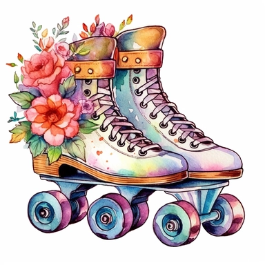 Cute Beautiful Retro 90s Color roller skates Watercolor Sublimation Clipart,Cartoon, hyper realistic, intricate detail, illustration style,high solution,on the white background