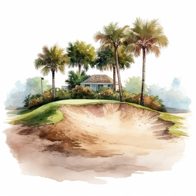 Idyllic watercolor clipart of a sand bunker on a Florida golf course in Springtime, isolated on a pure white background, insane detail,