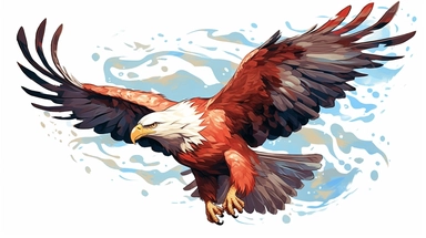 isolated flat clipart on a white background of a beautiful flying eagle, in the style of daniel f. gerhartz, close-up view, in the style of martin ansin, bruce timm, ralph bakshi, transcendent, nikon d850, art of burma, captures the essence of nature, in the style of organic forms and patterns, red green and dark navy, subtle ink landscapes, expansive skies, hyper-detailed illustrations, i can't believe how beautiful this is, lively colors