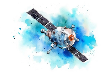 Watercolor, Create an image showcasing a satellite in a low Earth orbit (LEO), used for various purposes such as Earth observation or communication clipart, hd, on a white background, spaced out