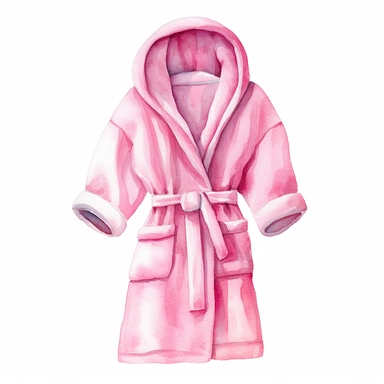 Adorable watercolor clipart of a soft and plush pink bathrobe on white background, perfect for lounging after a bath or shower