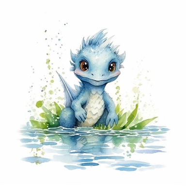 watercolor, white background, no text, clipart of cute water baby dragon nestled in a serene lake setting. This unique creature is a delightful blend of aquatic charm and adorable appeal. Its body is sleek and slender, glistening with shimmering blue scales that reflect the sunlight like ripples on water. The water baby dragon is depicted in a playful pose, splashing about in the crystal-clear lake. Its eyes, wide and filled with a sense of wonder, are a mesmerizing shade of deep turquoise. From
