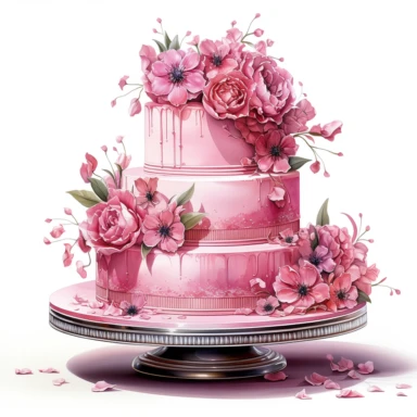 Pink wedding cake, high level watercolor, hyper realistic cartoon, white background, 8k, ultra detailed clipart