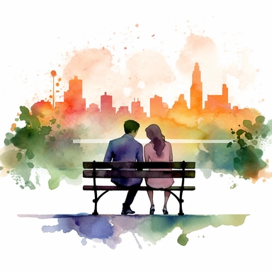 Create a watercolor clipart of a bride and groom sitting together on a park bench, with a city skyline in the distance. No Background